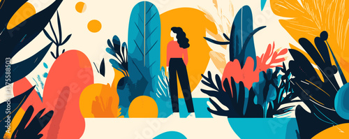 Colorful abstract landscape with woman surrounded by lush foliage and bold shapes vector.