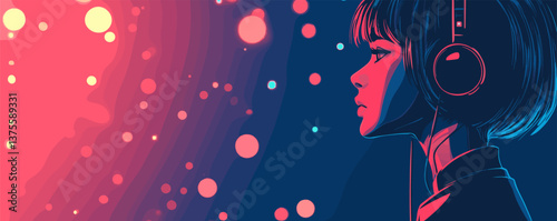 Futuristic digital art of a woman listening to music with headphones at night - vector.
