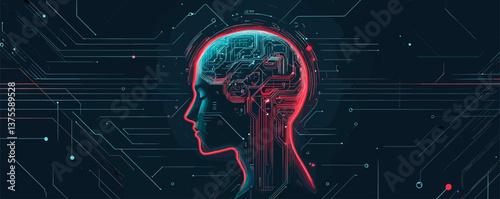 Futuristic human brain circuitry in profile with digital network background - vector.