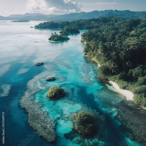 Aerial view of a tropical island surrounded by deep blue waters