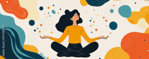 Meditation and mindfulness: woman meditating amidst colorful abstract art – vector.