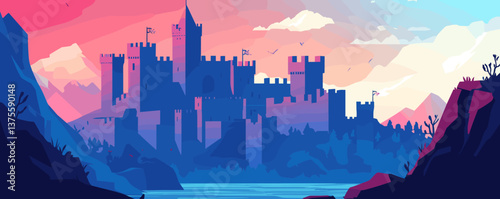 Majestic medieval castle at sunset with silhouetted landscape in vibrant colors - vector.
