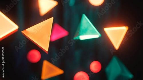 Abstract geometric shapes floating in dark space, creating a modern and dynamic design