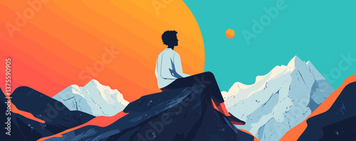 Man sitting on mountain at sunrise with vibrant sky and snowy peaks - vector.