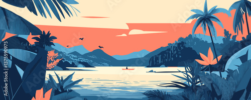 Scenic tropical sunset with canoe on lake and palm trees, mountains, and birds - vector.