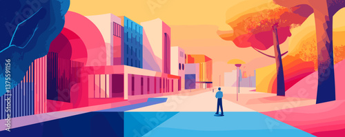 Vibrant urban landscape with trees and buildings in a colorful sunset setting, vector.