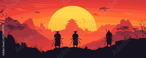 Three samurai silhouettes at sunset with mount fuji and birds - vector.