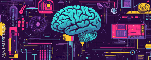 Futuristic brain and technology interface with circuit elements in digital art style - vector.