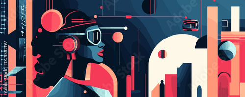 Futuristic woman with vr headset in retro sci-fi cityscape – vector.