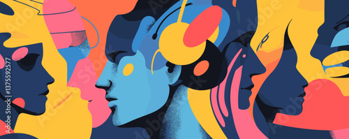 Colorful abstract profiles with vibrant shapes and patterns - vector art.