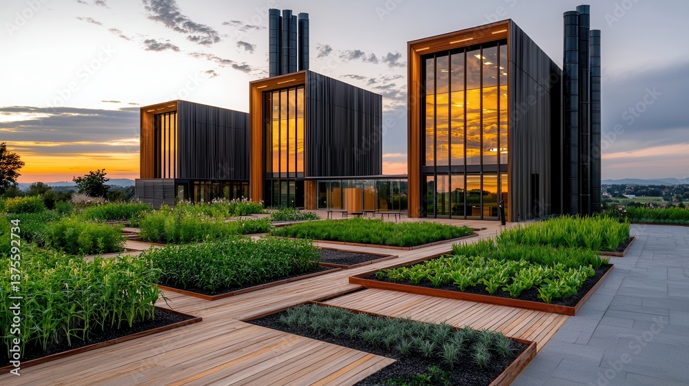 Fototapeta premium Modern Architectural Design Featuring a Stunning Rooftop Garden at Sunset