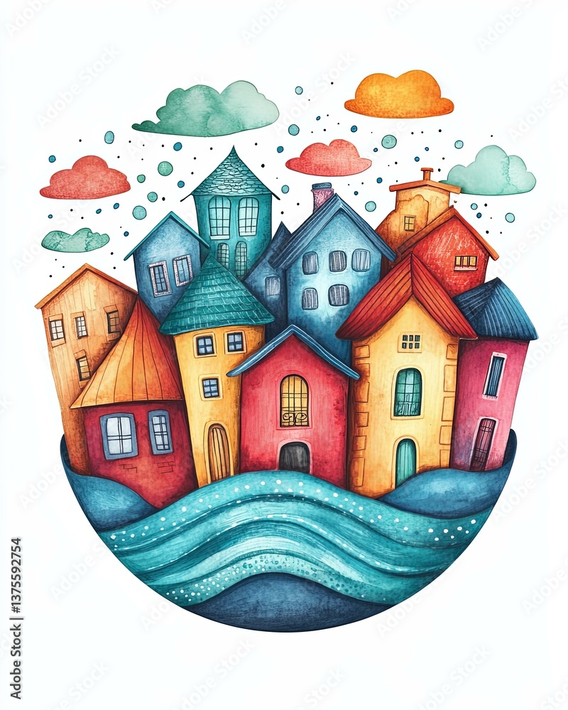 Naklejka premium Colorful houses in a whimsical coastal setting.