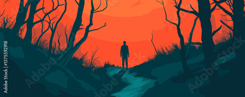 Silhouetted figure in foreboding forest against dramatic red sky at sunset - vector.