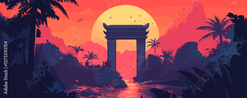 Ancient gate in tropical sunset landscape with silhouetted trees and birds - vector.