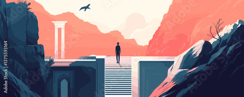 Surreal landscape with lone figure and mountains, soaring bird, and columns - vector.