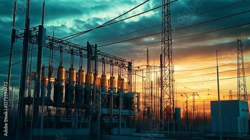 High Voltage Electrical Substation at Sunset Emitting Clean and Reliable Power