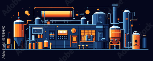 Industrial brewery factory with tanks and pipes on dark background, orange and blue tones - vector.