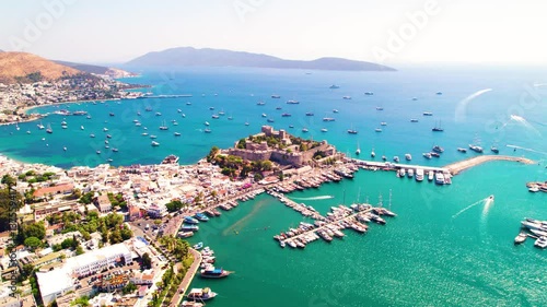 Bodrum District of Mugla, Turkey. Aerial view of Bodrum Castle. Panoramic view of Bodrum center, marina and castle. Drone shot.