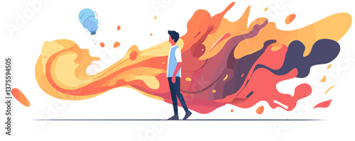 Man walking with flowing creativity and light bulb inspiration vector.