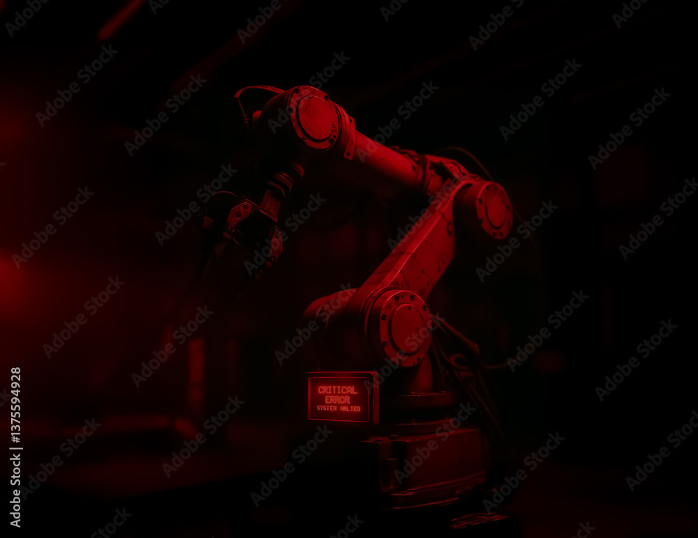 Red warning lights illuminate a robotic arm experiencing a critical system error with an emergency halt message glowing in a dark industrial environment. Red warning lights illuminate a robotic arm experiencing a critical system error with an emergency halt message glowing in a dark industrial environment.