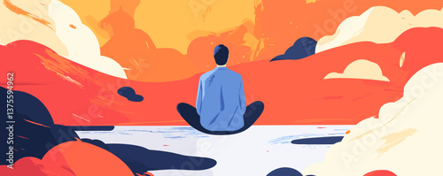 Meditative man sitting by serene lake surrounded by vibrant nature at sunset - vector.