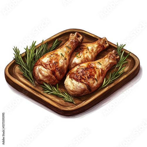 Raw chicken drumsticks on a wooden plate with rosemary, isolated on a white background.