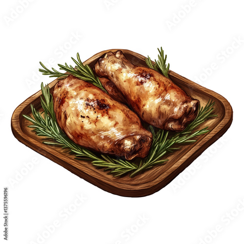 Raw chicken drumsticks on a wooden plate with rosemary, isolated on a white background.