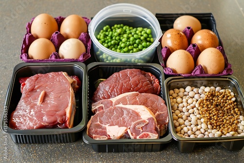 High protein foods, meat, eggs, legumes, essential amino acids, balanced diet, vibrant colors, appetizing
