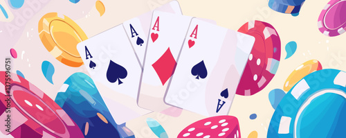 Playing cards and poker chips floating in casino theme background - vector.