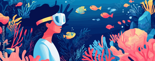Underwater adventure with snorkeling child among colorful coral and fish - vector.