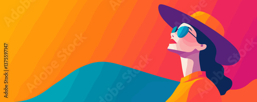 Vibrant summer vibes: stylish woman in hat and sunglasses against bold colorful background vector.