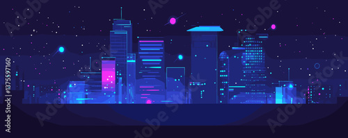 Futuristic neon cityscape at night with stars and skyscrapers - vector.