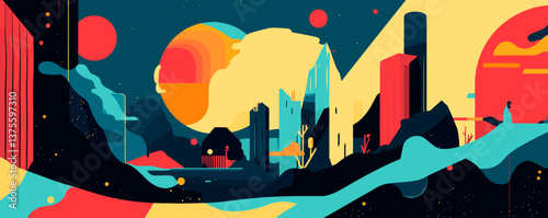Futuristic landscape with abstract buildings and mountains at sunset, colorful geometric art - vector.
