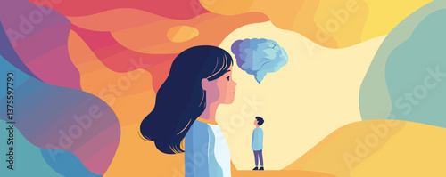 Surreal abstract scene with contemplative woman and man on colorful background - vector.