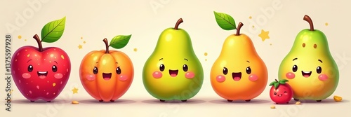Collection of cute fruit characters in a comical style, funny, bananas