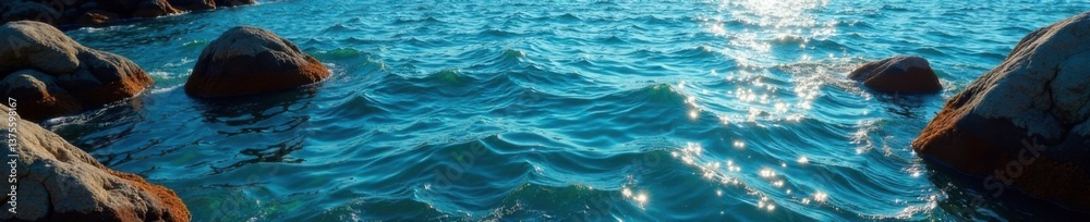 Obraz premium Dark blue ocean surface with seaweed swaying gently in the current, surrounded by large boulders, boulder, ocean waves, ocean surface