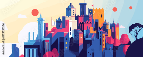 Colorful medieval castle on a hill with red suns in the background – vector.