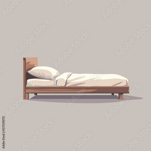 Minimalist wooden bed with white bedding in neutral tones