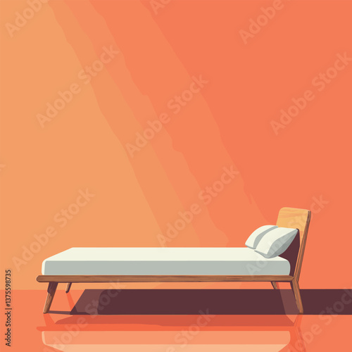 Minimalist wooden bed on orange background with soft lighting