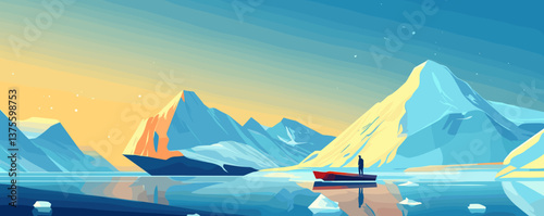 Mountainous arctic landscape with sunrise reflections and iceberg – vector.