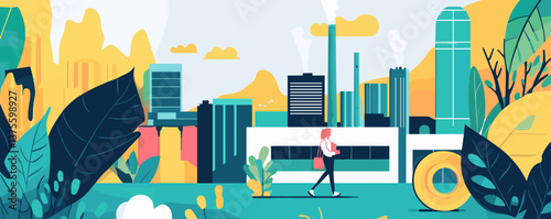 Urban eco scene with stylish woman and lush foliage in modern cityscape - vector.