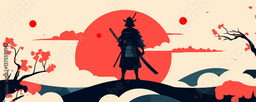 Samurai silhouette at sunset with dramatic red sun and blossoms - vector.