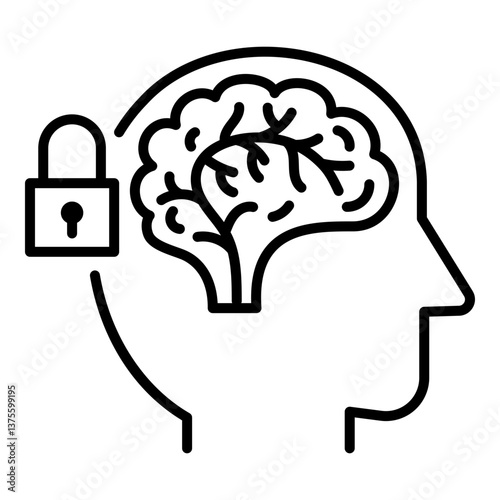 close-minded black line icon, featuring a human brain with a lockpad