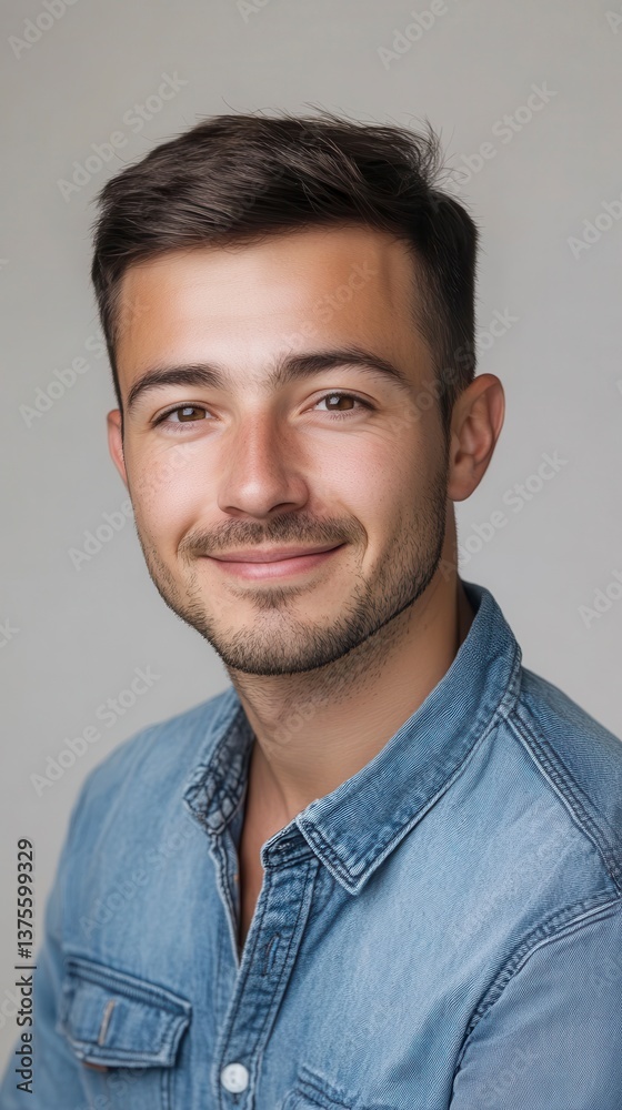 Obraz premium Portrait of a Smiling Young Man in a Denim Shirt