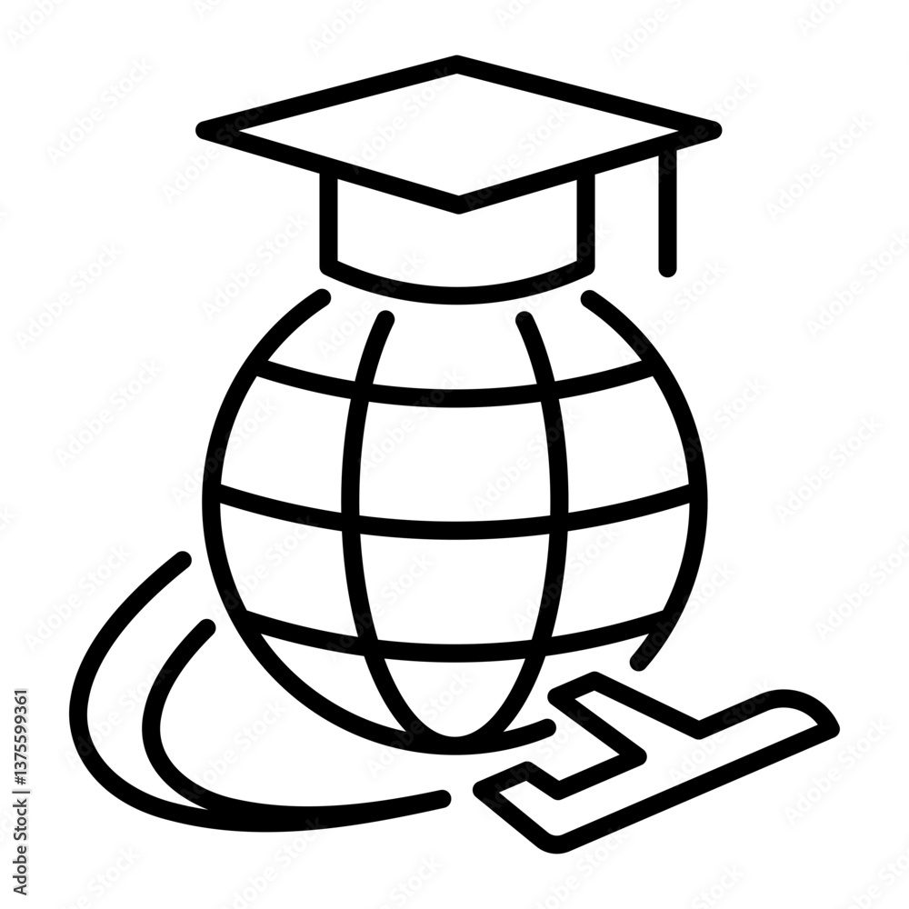 Globe with graduation cap and plane icon, representing study overseas, education abroad, and international learning. Globe with graduation cap and plane icon, representing study overseas, education abroad, and international learning.
