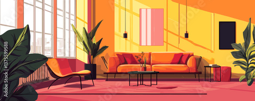 Modern living room with orange sofa and green plants in bright sunlit interior - vector.