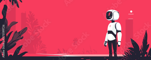Futuristic robot exploring modern landscape with foliage on red background - vector.