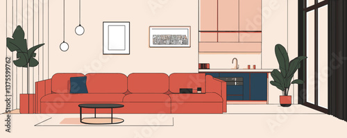 Modern living room interior with red sofa and kitchen in background – vector.