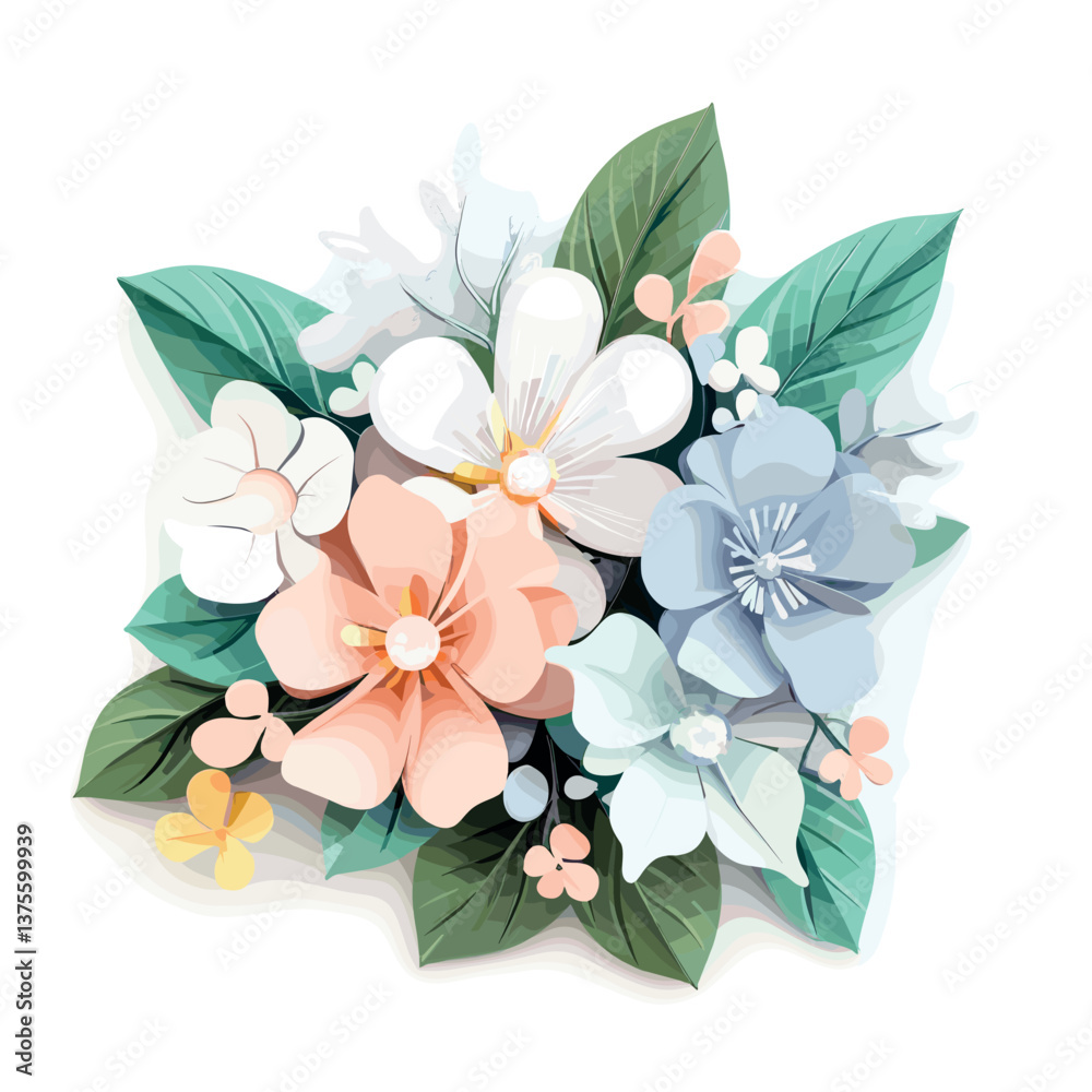 Fototapeta premium Colorful paper flowers with green leaves in a decorative arrangement