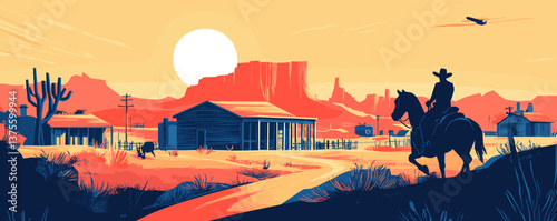 Cowboy riding horse in vibrant desert landscape at sunset, western town scene - vector.